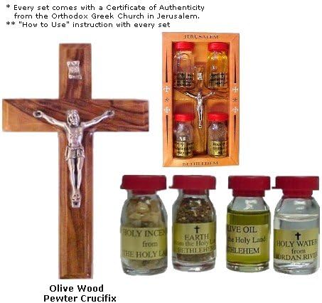 Four (4) Bottles Set with Pewter Crucifix - Made in Bethlehem