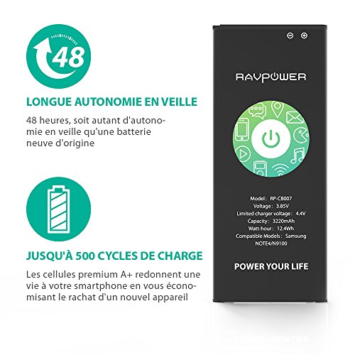 RAVPower Batterie de Samsung Galaxy Note 4 Batterie de Remplacement 3220 mAh avec NFC  48 Heures de Veille  Jusqu    500 Cycles de Charge  Protections