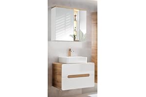 Lomadox Badezimmer Waschplatz Set, Hochglanz weiß mit Wotan Eiche Nb., 80 cm Waschtisch-Unterschrank mit Keramik-Waschbecken & LED-Spiegeslchrank