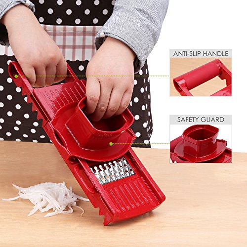Nuovoware Multischneider für Gemüse Obst, Verstellbarer 5 in 1 Profi-Mandoline Reibe Gemüseschneider mit 5 Edelstahl Klingen, Nahrungsmittelsicherheits-Halter und eine Push-Sicherheit, Rot - 3