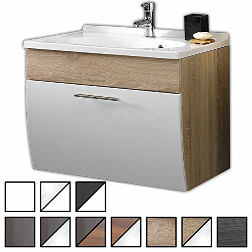 Waschtisch Set Varel Sonoma-Eiche (Waschbecken mit Waschbeckenunterschrank) Breite 70 cm, für Gäste-WC, Form recht-eckig, hängend, unten abgerundet, 1 Schublade breit, hochglanz