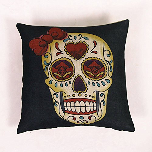 Luxbon 3er Set Totenkopf Schädel Leinen Kissenbezug Kissenhülle Sofakissen Pillowcase Haus Auto Deko 18 x 18 “ Schwarz - 4