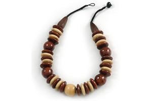 Avalaya Statement Brown/Natural Round and Button Wood Bead Necklace - 56cm L