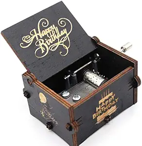 EITHEO Wooden Antique Carved Hand Crank Black Happy Birthday Music Box