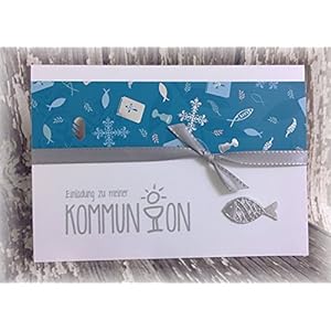 Einladung Einladungskarte Kommunion Konfirmation Fisch Streumotive personalisierbar türkis silber silberglänzend grau