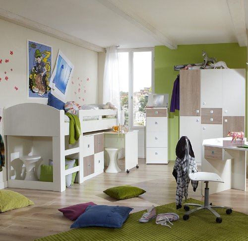 3-tlg Jugendzimmer in weiß - Eiche sägerau Hochbett Kleiderschrank Kommode