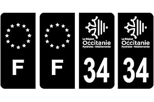 HADEXIA Lot 4 Autocollants Plaque immatriculation département 34 Hérault Région Occitanie Noir & F France Europe