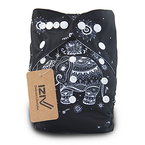 iZiv(TM) Newborn Nappy with 1 Thick Insert Infant Waterproof/Adjustable/Reusable/Washable Pocket Cloth Nappy Fit Babies 0-3 Years(Black Elephant)