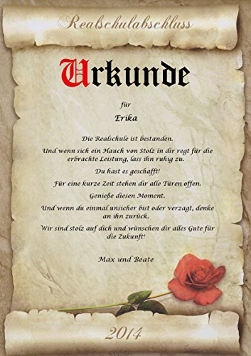 Urkunde persönliche Geschenk Karte Realschule Schule Abschluss Prüfung Pergament div. A4 Papier Motive - 2