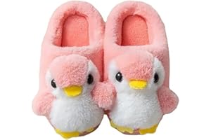 SURAKEY Zapatillas de estar por casa para niños, niñas, invierno, felpa, pingüino, cerrada, interior, suela antideslizante, zapatos de algodón, dibujos animados, pingüino, talla UE 34-35