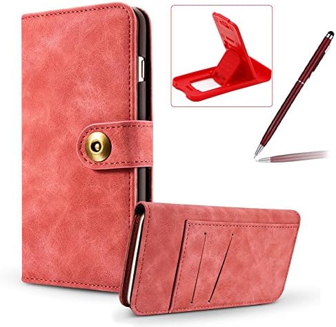 Red Leather Case for iPhone 8 Plus,Flip Wallet Cover for iPhone 7 Plus,Herzzer Classic Retro Solid Color Design Magnetic Button Closure Multifunction Purse Folio Stand Cover with Card Cash Slot PC Hard Case
