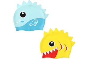 HSUPEZ 2 Piezas Gorro de Baño de Silicona Tiburón, Gorro de Baño de Silicona de Dibujos Animados, Gorras de Natación a Prueba de Fugas Set, Gorros de Baño para Niños y Niñas Fácil de Poner y Quitar