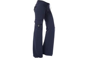 AMhomely Womens Straight Leg Pants with Pockets Full Size Cargo Trousers Elastic Waist Long Flared Pants Gym Running Yoga Tracksuit Activewear UK Size 6-20