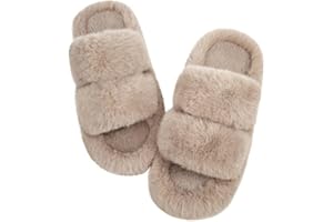 Wostock Pantoufle Femme Chausson Peluche Chaud Slippers Claquette Fourrure Sandal Bout Ouvert Accueil Chaussures pantoufles femme hiver