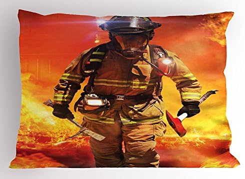 Fireman Pillow Sham, Firefighter Figure in a Building on Fire Searching for Survivors Emergency Services, Decorative Standard King Size Printed Pillowcase, 20X30 Inches, Multicolor