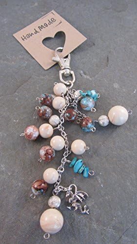 Handbag charm, teal and ivory beaded decoration for purse, tablet, backpack, dragon theme travel accessory, sister daughter student gift.