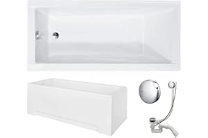 VBChome Badewanne 120x70 cm Acryl SET Schürze Siphon Acrylwanne Wanne Rechteck Weiß Design Modern Wannenfüßen Ablaufgarnitur Chrome Viega Simplex