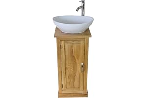 BATHROOMS & MORE STORE Bathroom Oak Vanity Cabinet With Ceramic Bowl Tap & Plug 500CB027