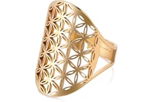 kkjoy Bague Fleur de Vie Ajourée en Acier Inoxydable Anneaux de Doigt Ouverts et Ajustables Bague de Promesse Cadeau pour Femme