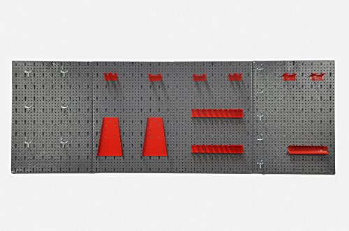 Große Lochwand bestehend aus 4 Lochblechen á 58 x 40 cm und Hakensortiment 22 Teile. Aus Metall in Hammerschlag-Grau und Rot. Gesamtmaß: 160 x 58 x 1 cm - 2