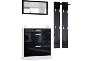 Vladon Garderobe Loret mini, Garderobenset bestehend aus 1 Schuhschrank, 1 Wandspiegel und 2 Garderobenpaneele, Weiß matt/Schwarz Hochglanz