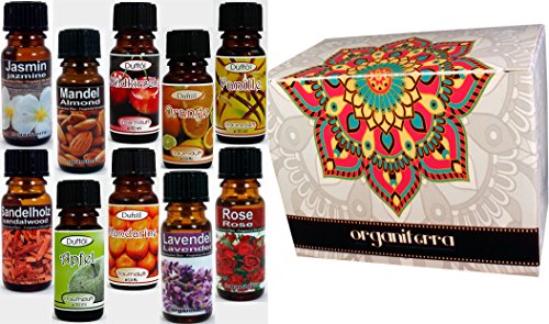 Set von 10 (zehn) Duftöle . Wesentliche Sensations. Vanille, Apfel, Wildkirsche , Kokosnuss, Orange, Mandarine, Rose, Erdbeere, Pfirsich, Lavendel.