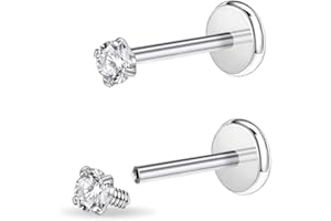 PunkTracker Lot de 2 piercings à tige en acier chirurgical 16 g/18 g avec zircone cubique pour tragus, nez, hélix, conque, méduse, lèvre, hélix, tragus, cartilage