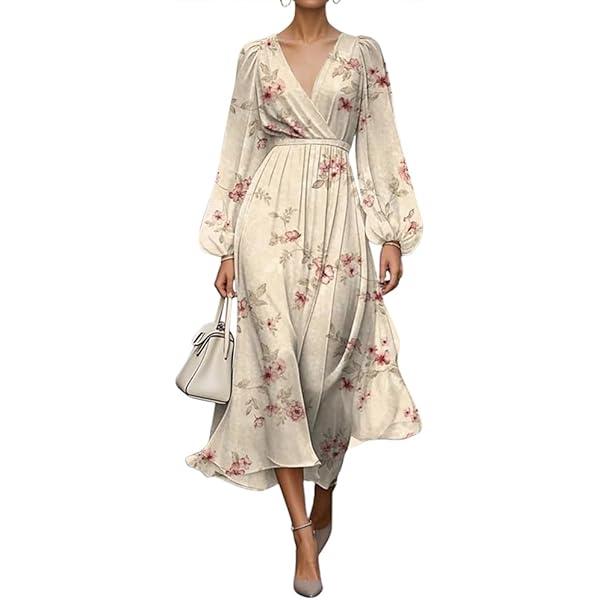 Robe Longue Femme En Coton/lin - Style Boho, Col V à Volants - Manches Longues - Couleur Automne - Pour Vacances, Casual - 4