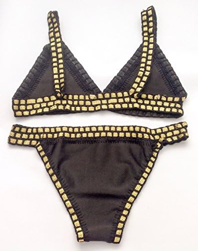 Zest Direct UK Black Gold Crochet Trimmed Embroidered Bikini Set Ladies Scuba Handmade Holiday Swimwear Beachwear (Large - UK12)