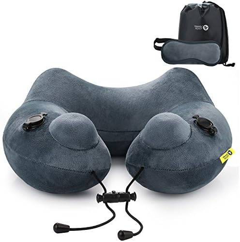 Travel Ready Inflatable Neck Pillow with Eye Mask Ear Plugs and Carry Bag Quickly Inflate with Dual-Pump Function Comfortable Ergonomic Design Contoured to Fit Car Train and Plane Seats