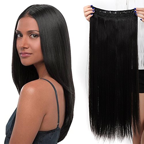 SEGO 3/4 Full Head Clip In Hair Extensions 1 Pack With 5 Clips Synthetic Straight Hairpiece Heat-Resistant For Women, 26 Inch, Natural Black
