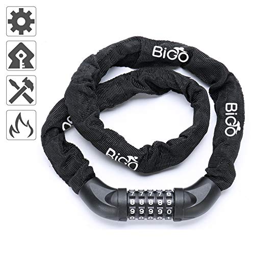 BIGO Candado de Bicicleta Seguridad Candado de Cadena Mejor Combinación Cable de Bloqueo antirrobo Alta Seguridad 100cm para la Bicicleta al Aire Libre-Negro