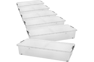 SUSTANIA Lot de 6 boîtes de rangement transparentes sous le lit en plastique avec couvercles de fermeture - Commode plate sous le lit pour un rangement peu encombrant