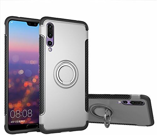Huawei P20 pro case with Finger Grip Ring Magnetic Car Mount holder, XIANGFANG Rugged TPU/PC Double layer Hybrid Armor cover and 360° Rotation Kickstand 2 in 1. silver