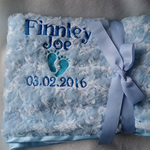 PERSONALISED BLUE Fleecelined baby blanket. Keepsake gift with Name and Date of Birth