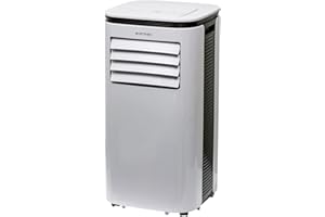 OPTIMEO Climatiseur mobile réversible 2,6kW 9000BTU, blanc, compact, efficace pour des pièces de 25m², 3 vitesses de ventilation, écran LED, télécommande, 4 roulettes