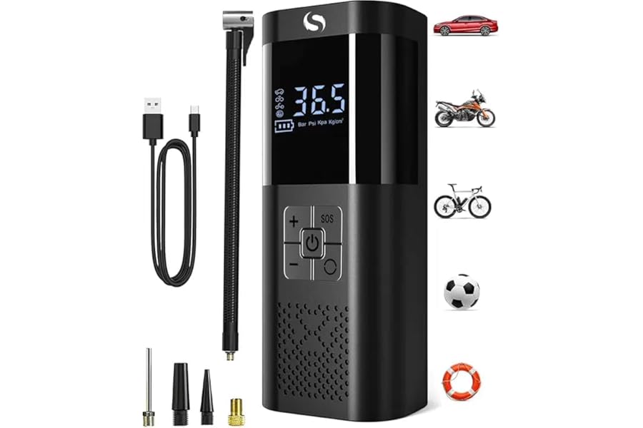 SERVOMASTER Tyre Infator Air Compressor, Rechargeable Air Compressor with Pressure Gauge, Electric Bike Pump Battery 150PSI, Portable Car Tyre Pump with LED for Car Bicycle Motorbike Ball