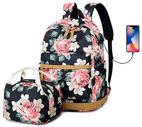 Preisvergleich Produktbild Schulrucksack Damen Schulrucksack Set mit Lunchpaket Teen Schulranzen Rucksack Mädchen mit Blumendruck (Rosepink)