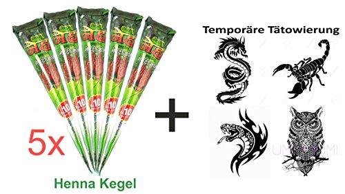 4x Temporäre Tattoos stickers with 5x Neha mehandi natural Temporäre Tattoo Cones