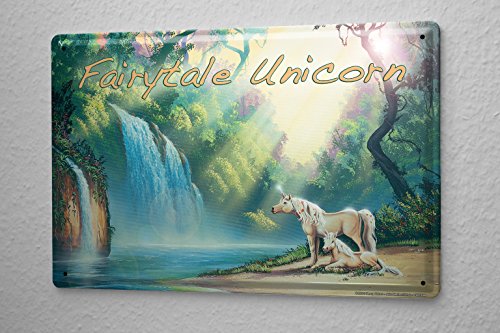Blechschild Fantasy Gothik Einhorn Wasserfall Wald Wand Deko Schild 20x30 cm