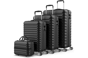 NUMADA - Set di valigie 4pzs (53/63/75cm) e borsa da toilette Nero, ABS Resistente, Leggero con 4 ruote doppie e lucchetto combinazione laterale