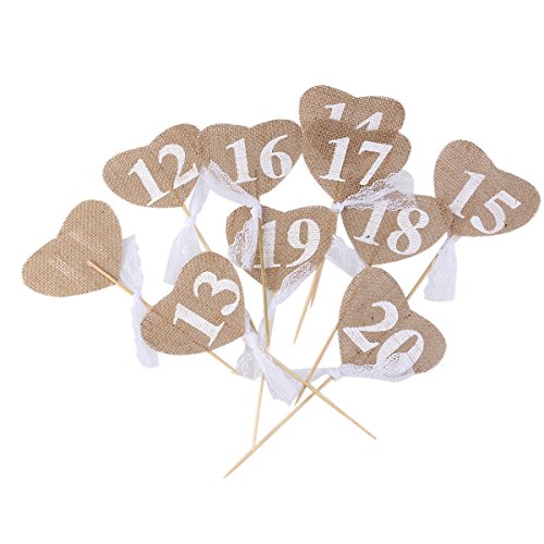 ULTNICE DIY Hochzeit Tisch zahlen rustikale Hochzeit Tisch Dekorationen 11-20 Herz Form Tabellennummer mit Stick - 3