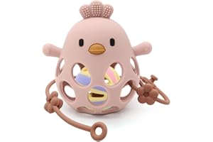 M MARIE MADELEINE EMPORIUM Marie Madeleine Pollito Sonajero, Mordedores bebes 6-12 meses, Libre de BPA y tóxicos, Juguetes Montessori para bebes 6-12 meses, Fácil de agarrar, Regalo Recien Nacido, Teether (Rosa Bolita Correa)