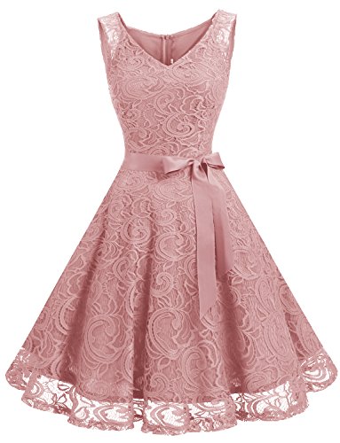 Dressystar DS0010 Robe Femme soirée/Demoiselle d'honneur/Bal Col en V sans Manches Dentelle avec Une Ceinture Blush S