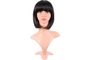 MapofBeauty 12 Pouces/30 cm Court Bob Droit Synthétique Flat Frange Heat Résistant Ordinaire Perruque (Noir Mélangé Brun)