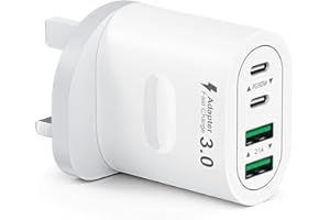 TUPNEUF USB C Plug Fast Charge, 60W 4-Port Multi USB Plug UK Dual Port PD Power Adapter (5V/3A, 9V/3A, 12V/2.5A)+QC Mains Wall Charger, Type C Fast Charging for iPhone 16/15/14/13/12 Pro Max, Samsung, iPad