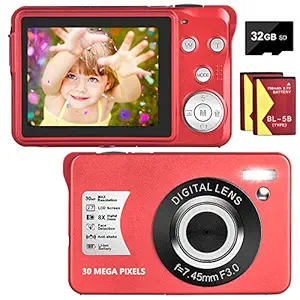 Digital Camera 30MP Camera 1080P Compact Camera 2.7 inch Pocket Camera,8X Digital Zoom Rechargeable Small Digital Cameras for Kids, Students, Teens,Beginners with 32GB SD Card and 2 Batteries
