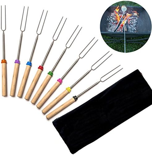 Telescoping Extension Marshmallow Roasting Sticks,8 Pcs Set Replaceable Forks 32-Inch, BBQ Fork with Wooden Handle,Safe For Kids, Fire Pit, Camping, Campfire, Bonfire and Outdoor Cookware Kit