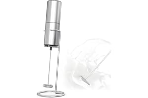 ELMWAY Electric Milk Frother – Battery Operated Handheld Foam Maker, Brushed Stainless Steel Body, Sleek Design for Kitchen & Everyday Use, with Stand, Silver Finish