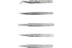 MEMOFYND 5 pinzette antistatiche in acciaio inox, 4 pinzette dritte e 1 paio di pinzette curve, pinzette con punta di precisione, utilizzate per la riparazione di gioielli, riparazione elettronica